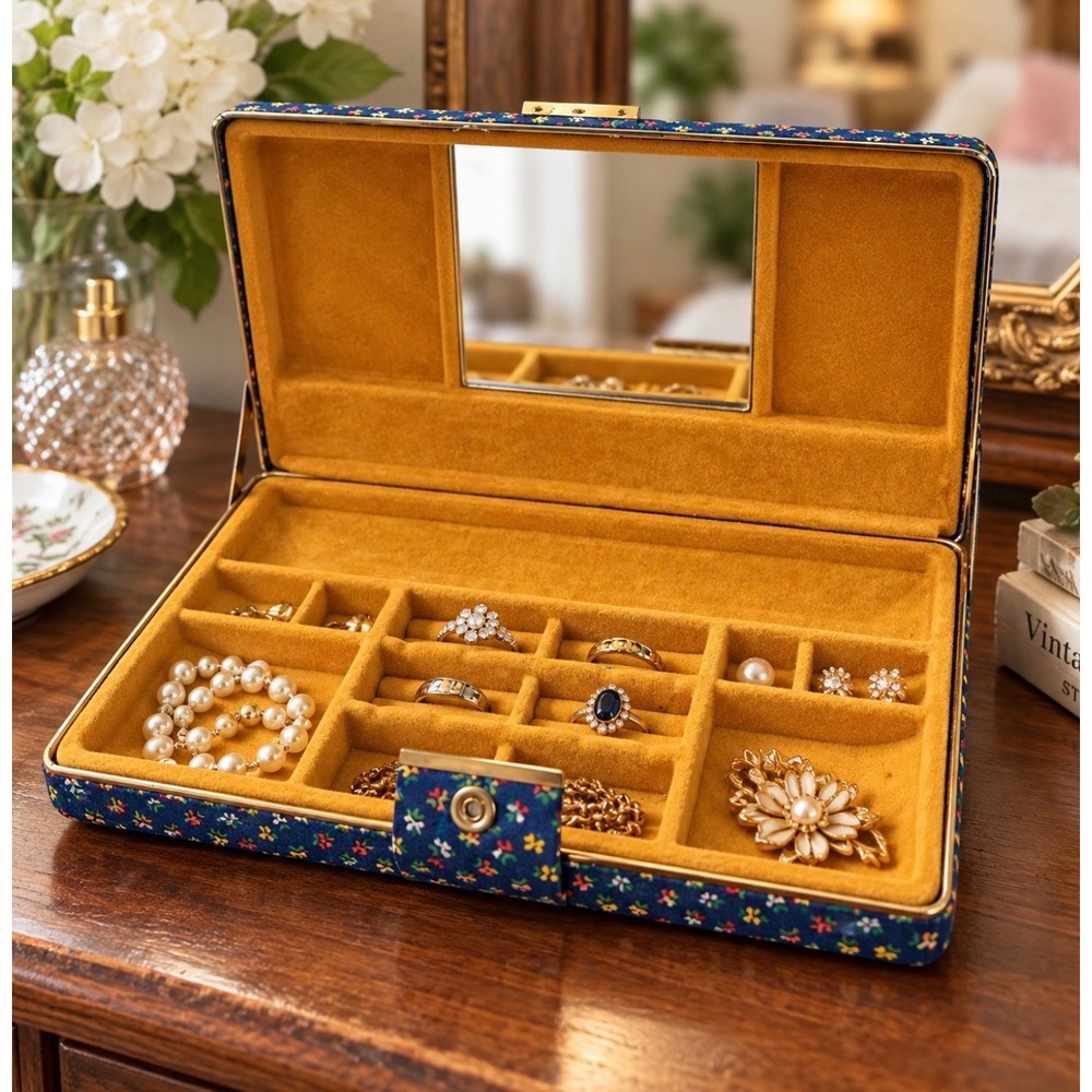Vintage 1960s 70s Travel Jewelry Case Box Floral Fabric Mirror Organizer Vanity